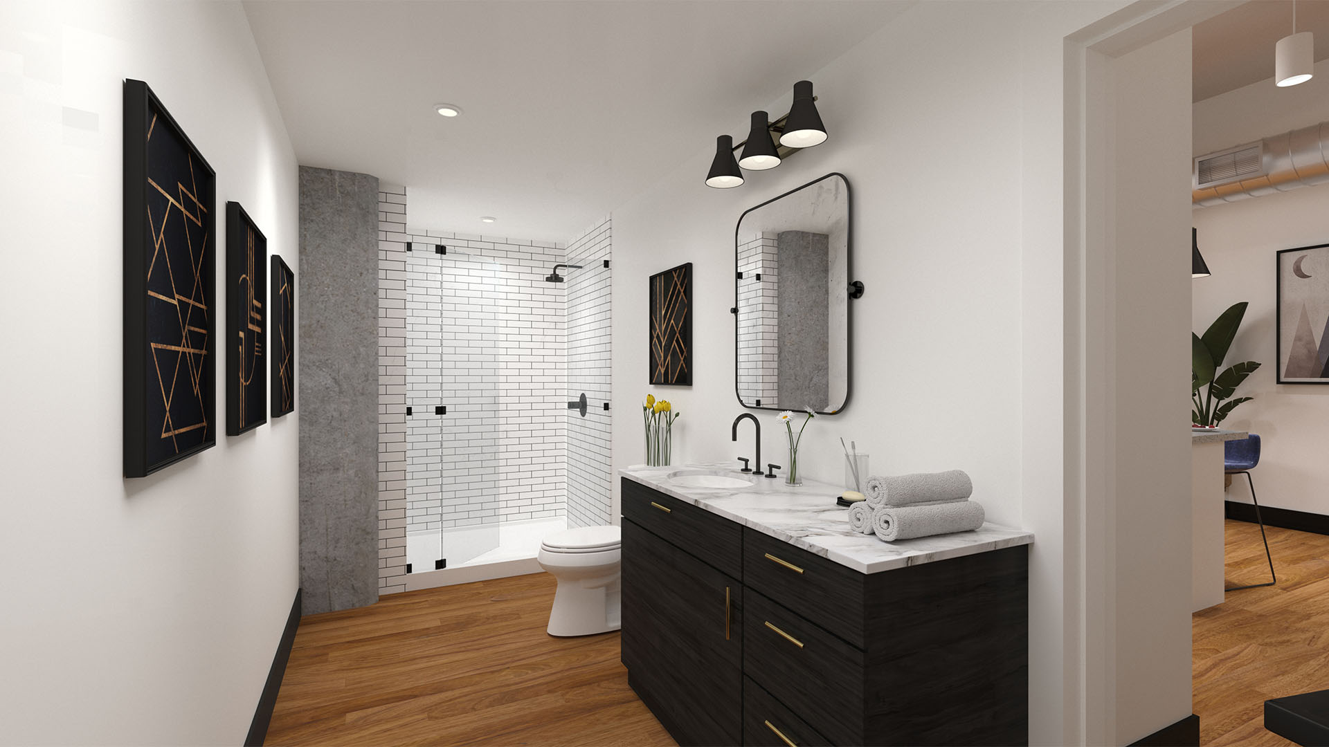 Rendering of bathroom with glass wall shower, granite counters, and framed mirror.
