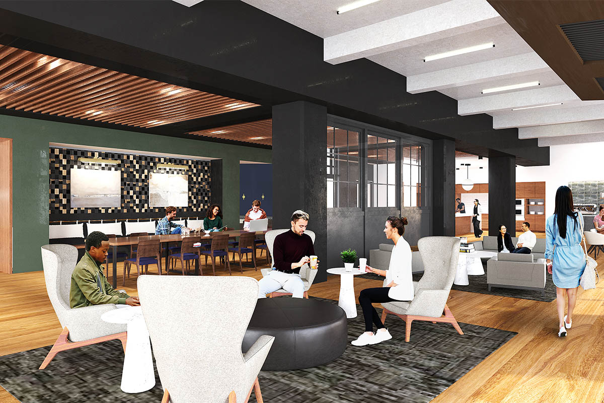 Rendering of lounge with plush seating and demo kitchen.