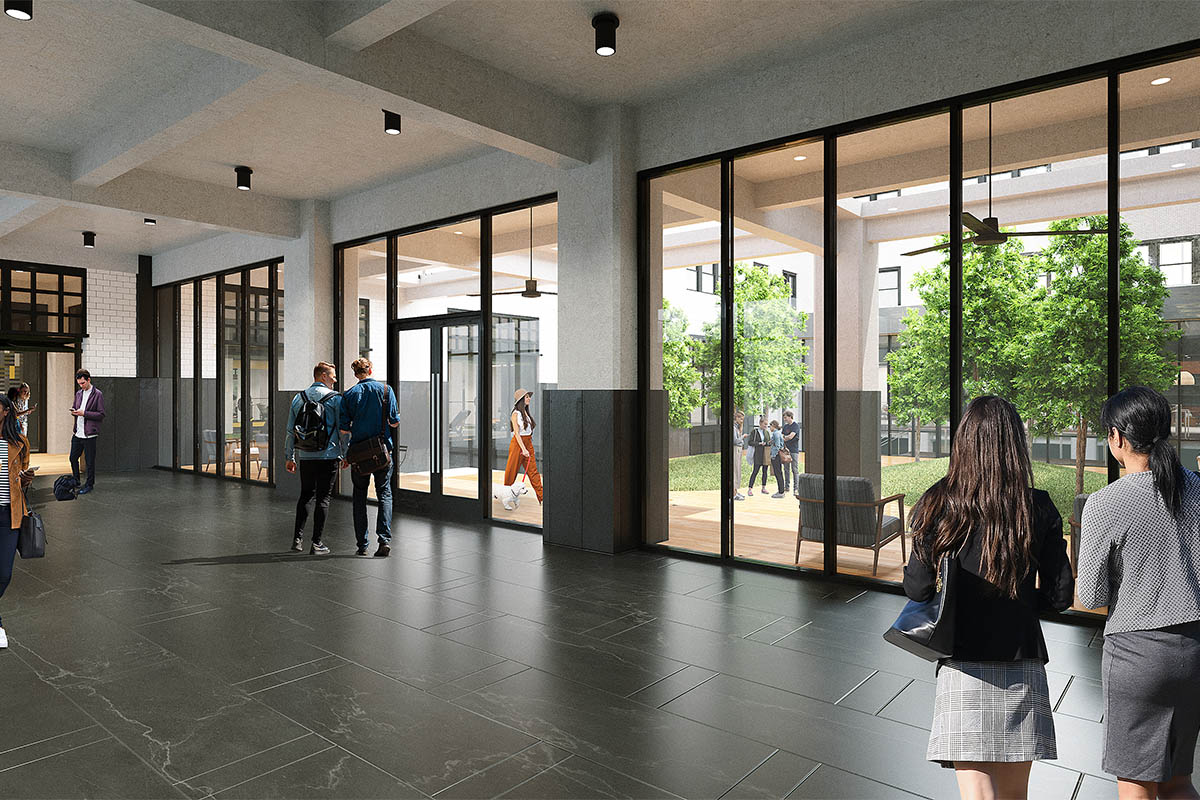 Rendering of lobby with glass walls and interior courtyard.