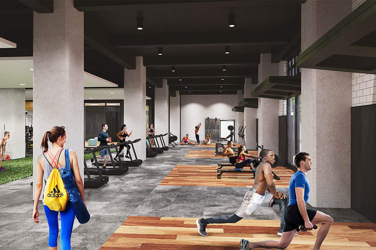 Rendering of fitness center with cardio machines and weight equipment.