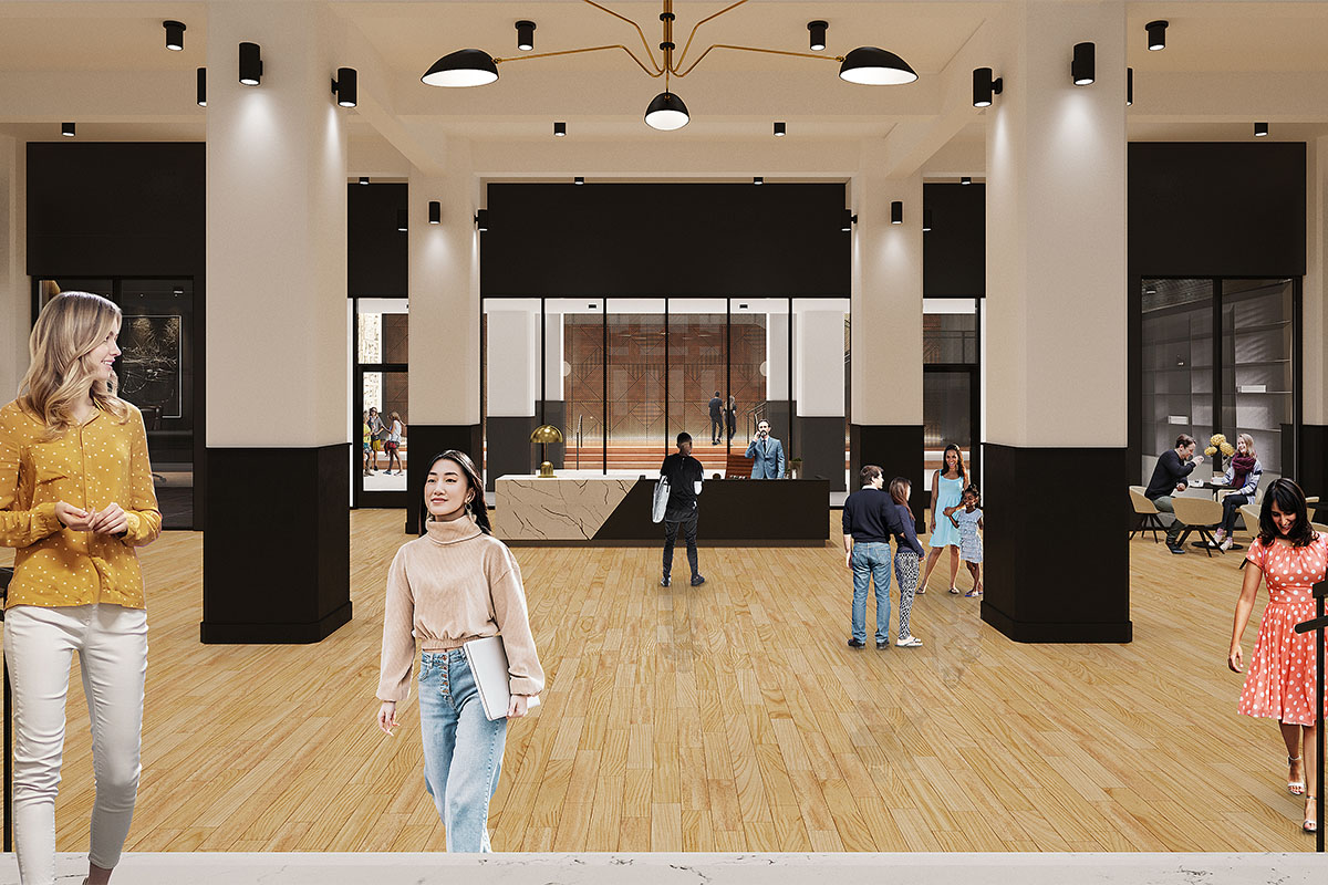 Rendering of lobby with granite desk and modern decor.