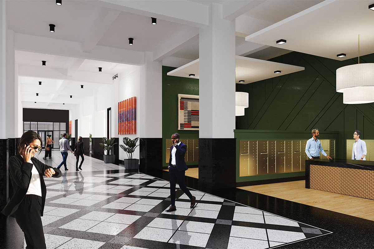 Rendering of mail room with modern decor and gold mailboxes.