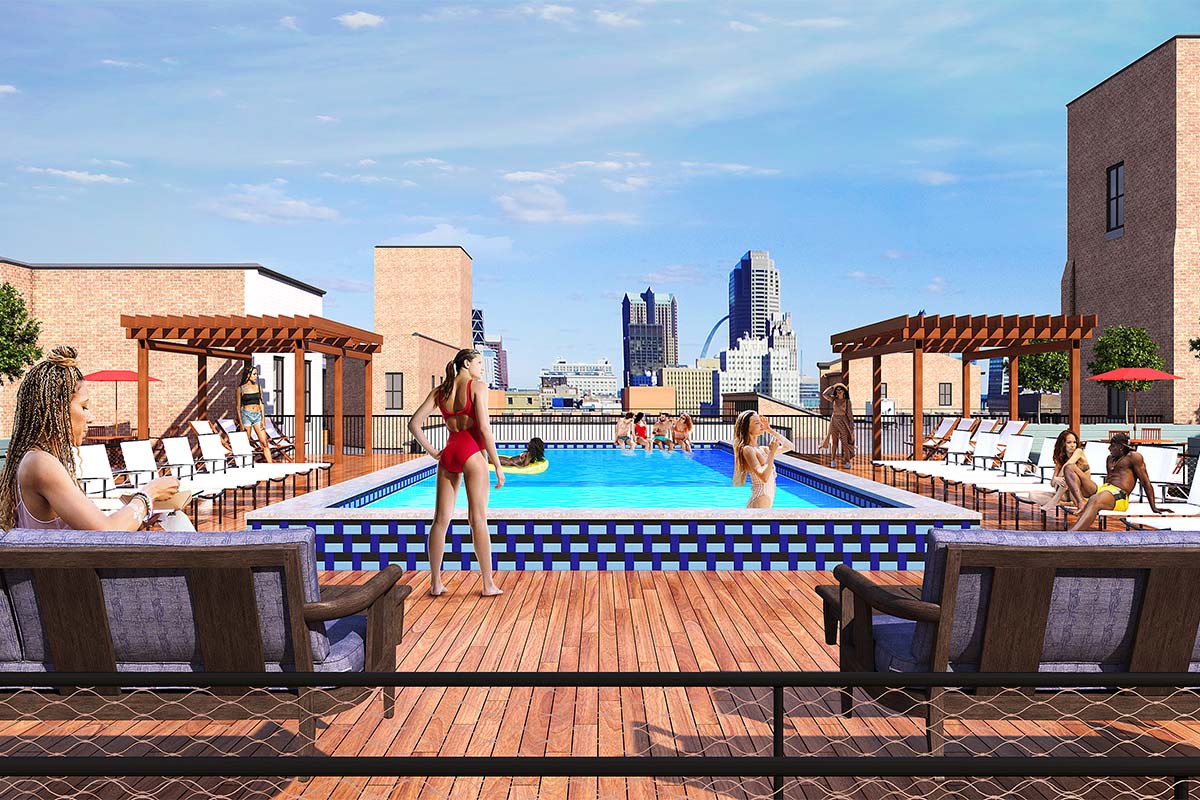 Rendering of rooftop patio with pool, lounge chairs, and gazebo.
