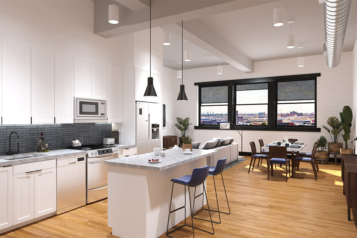 Apartment with wood floor, modern kitchen, comfortable living room, and bright windows.