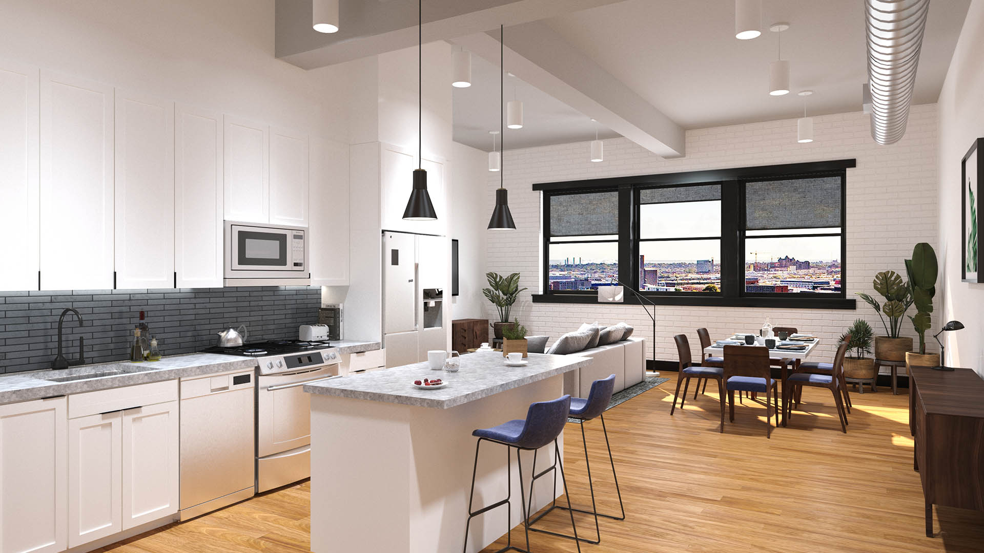 Apartment with wood floor, modern kitchen, comfortable living room, and bright windows.