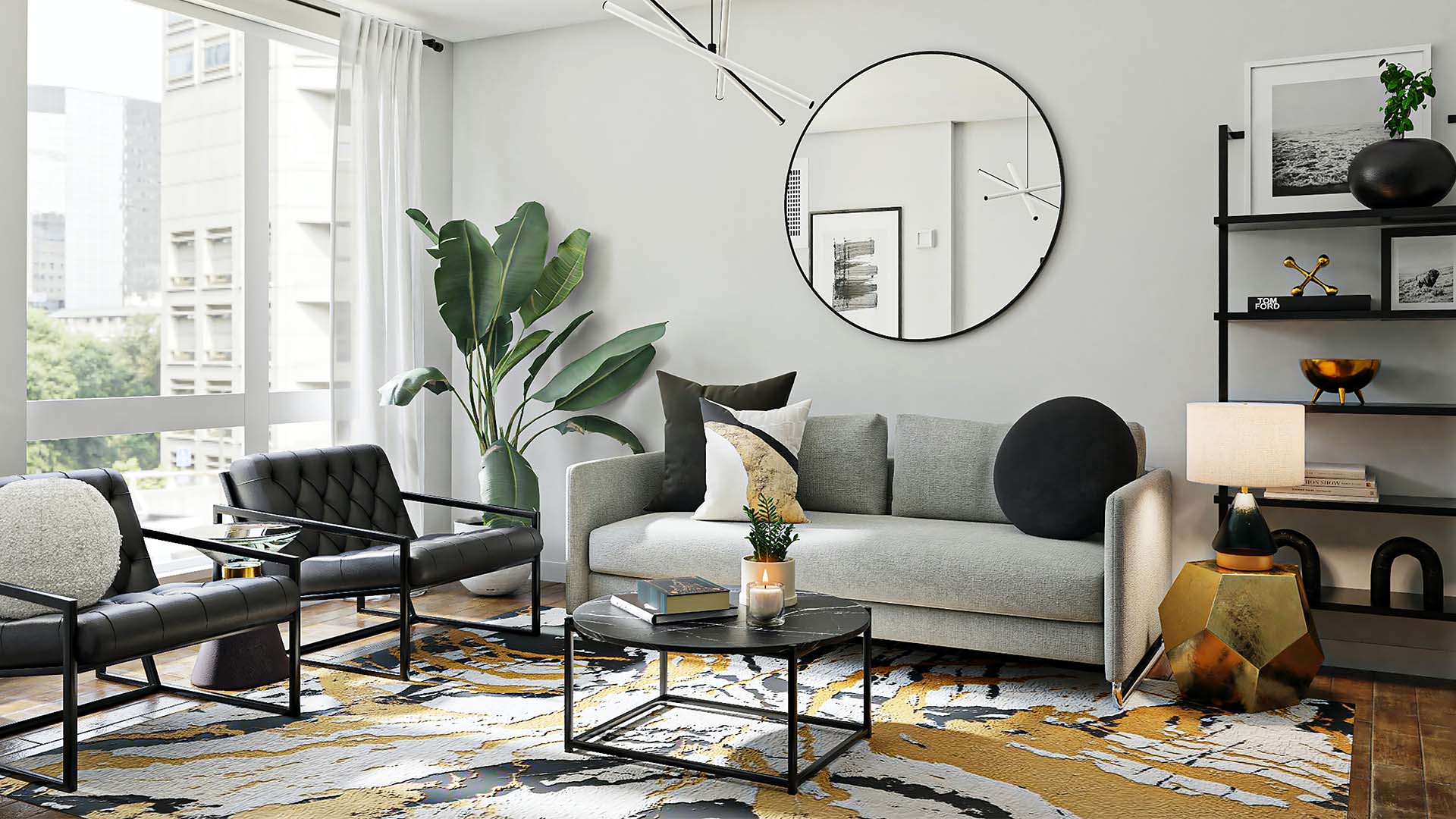 Living room with large rug, plush seating, large windows, and eclectic decor.