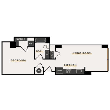 Rendering of the 1 Bed E (ALT 2) floor plan with 1 bedroom[s] and 1 bathroom[s] at The Victor
