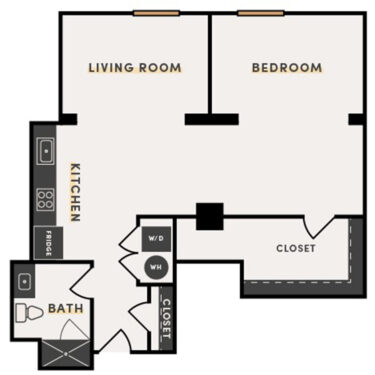 Rendering of the Studio D floor plan with a Studio bedroom and 1 bathroom[s] at The Victor
