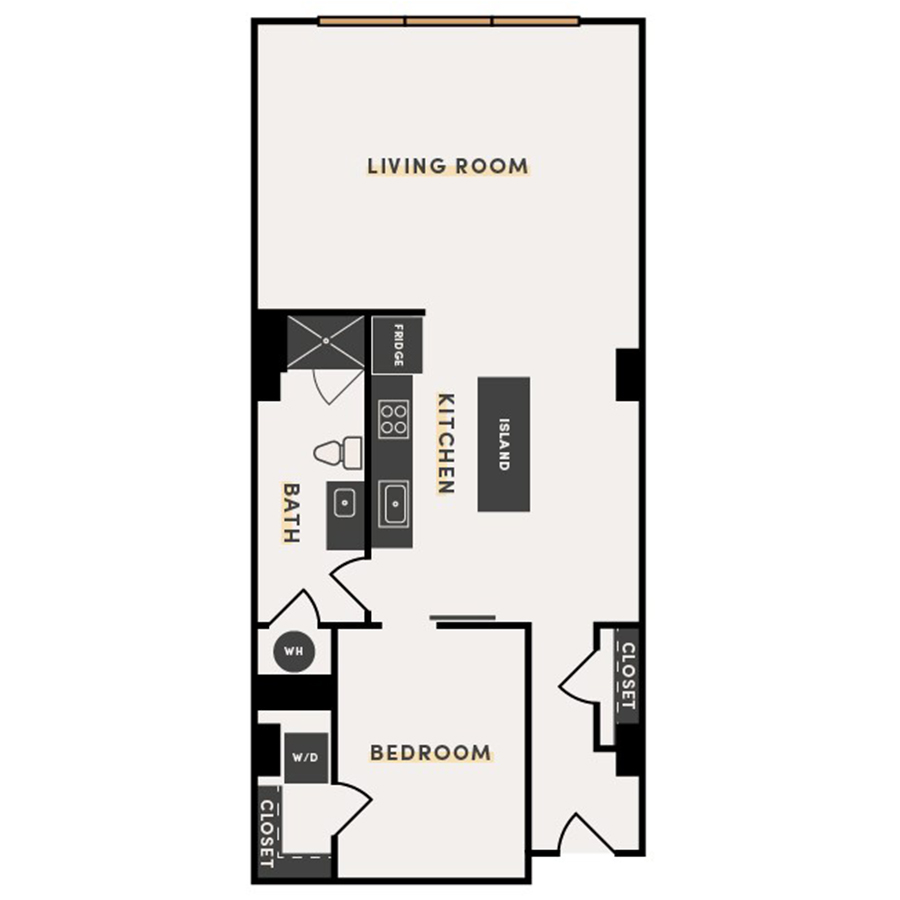 Rendering of the 1 Bed D floor plan with 1 bedroom[s] and 1 bathroom[s] at The Victor