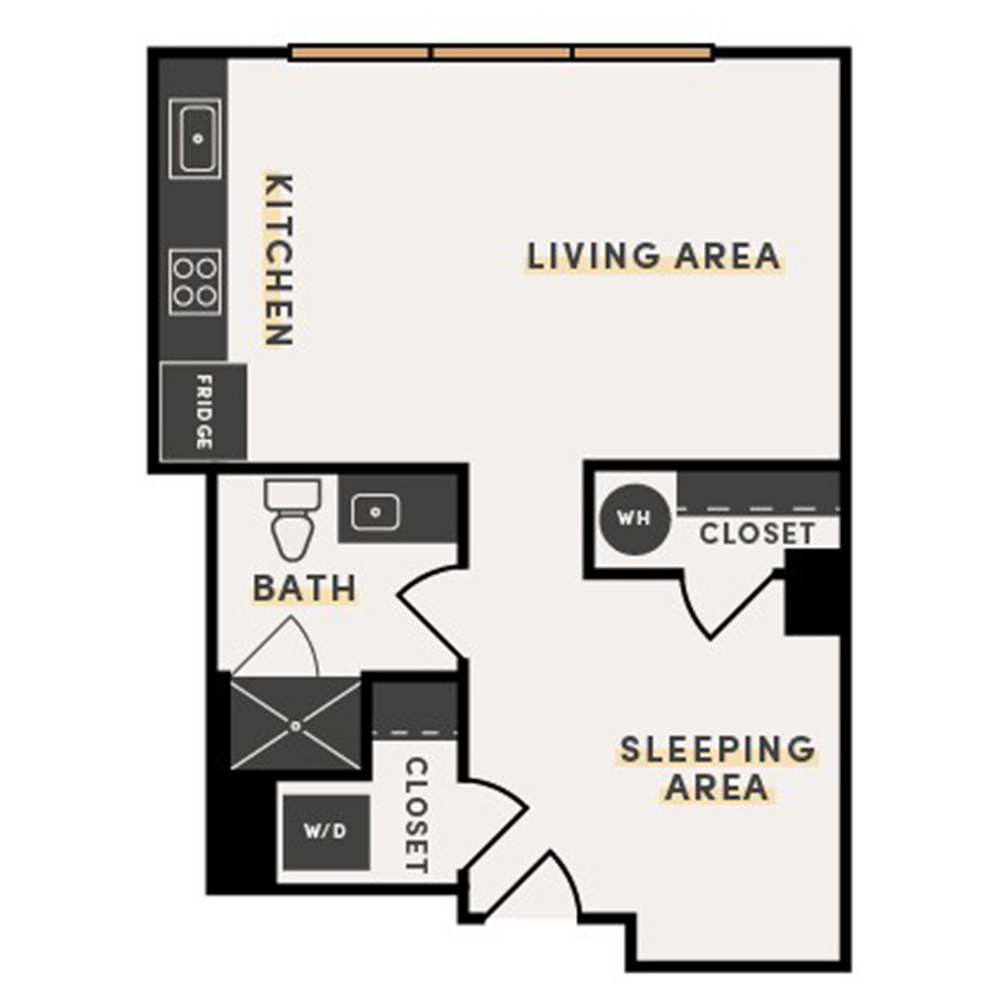 Rendering of the Studio B floor plan with a Studio bedroom and 1 bathroom[s] at The Victor