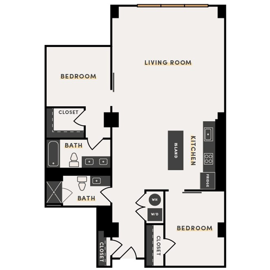 Rendering of the 2 Bed D floor plan with 2 bedroom[s] and 2 bathroom[s] at The Victor
