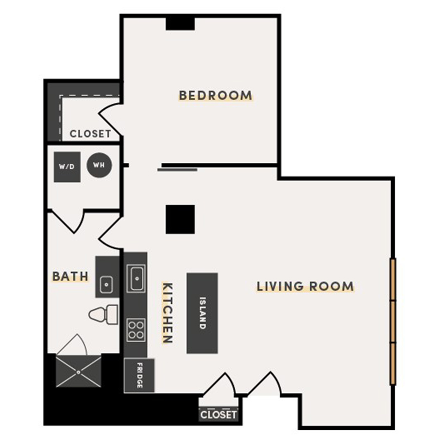 Rendering of the 1 Bed G floor plan with 1 bedroom[s] and 1 bathroom[s] at The Victor