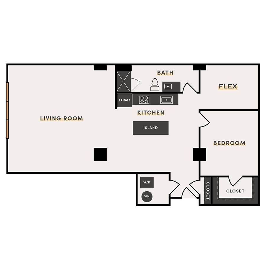 Rendering of the 1 Bed +B - FLEX floor plan with 1 bedroom[s] and 1 bathroom[s] at The Victor