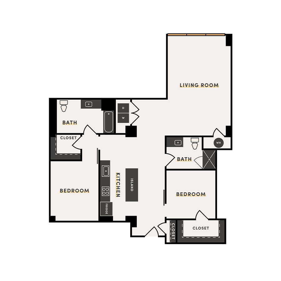 Rendering of the 2 Bed J floor plan with 2 bedroom[s] and 2 bathroom[s] at The Victor