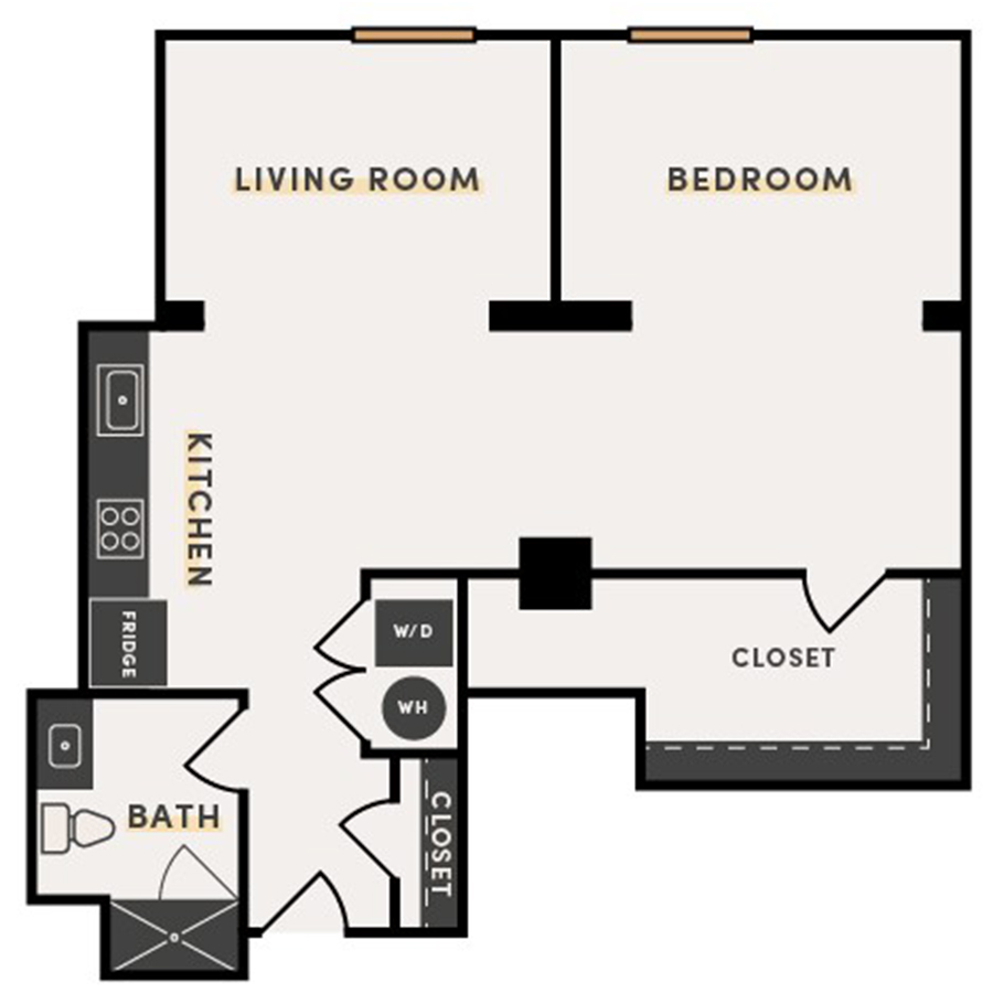 Rendering of the Studio D floor plan with 1 bedroom[s] and 1 bathroom[s] at The Victor