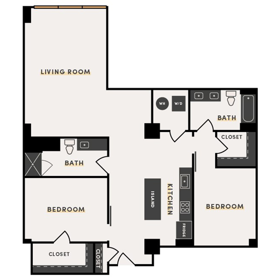 Rendering of the 2 Bed B (Alt 1) floor plan with 2 bedroom[s] and 2 bathroom[s] at The Victor