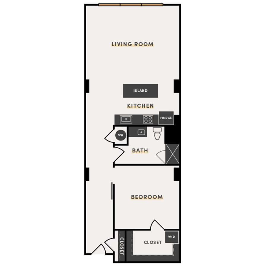 Rendering of the 1 Bed J floor plan with 1 bedroom[s] and 1 bathroom[s] at The Victor