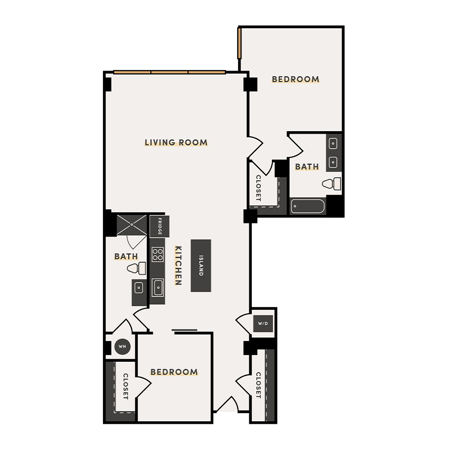 Rendering of the 2 Bed I floor plan with 2 bedroom[s] and 2 bathroom[s] at The Victor