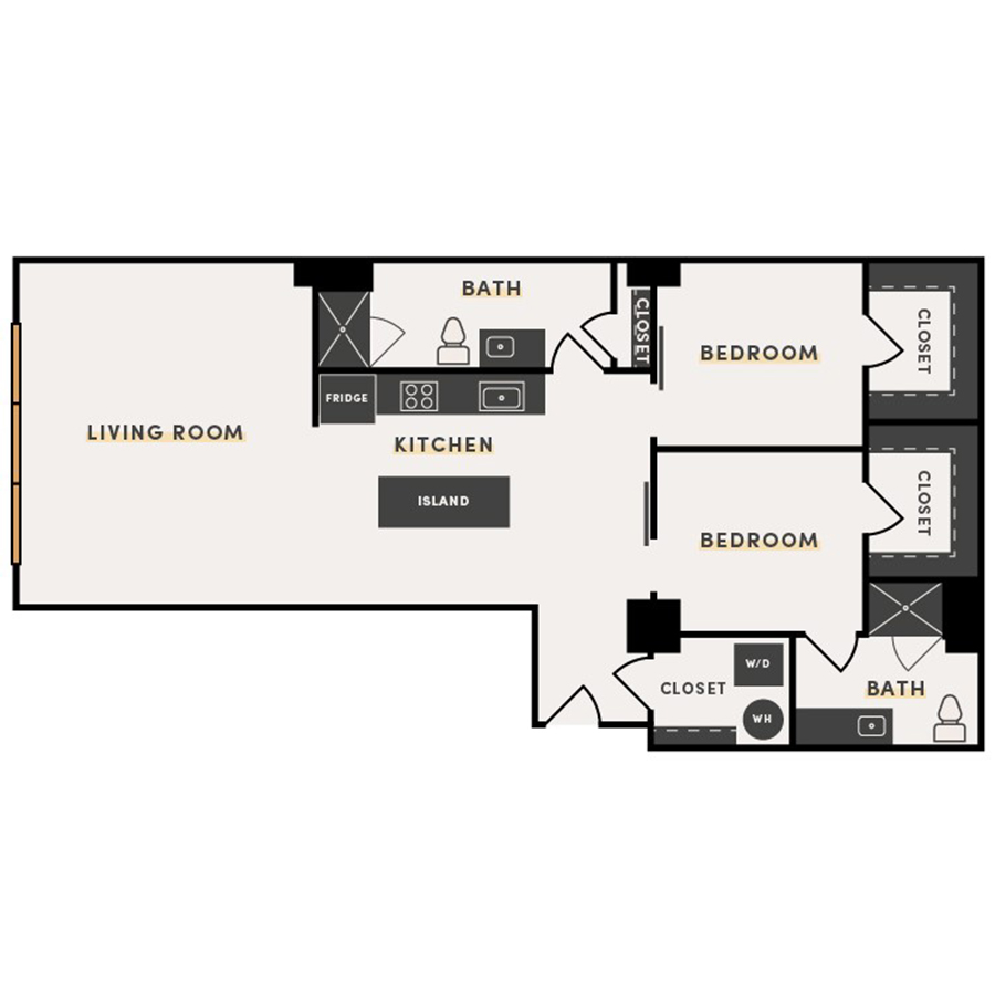 Rendering of the 2 Bed H floor plan with 2 bedroom[s] and 2 bathroom[s] at The Victor