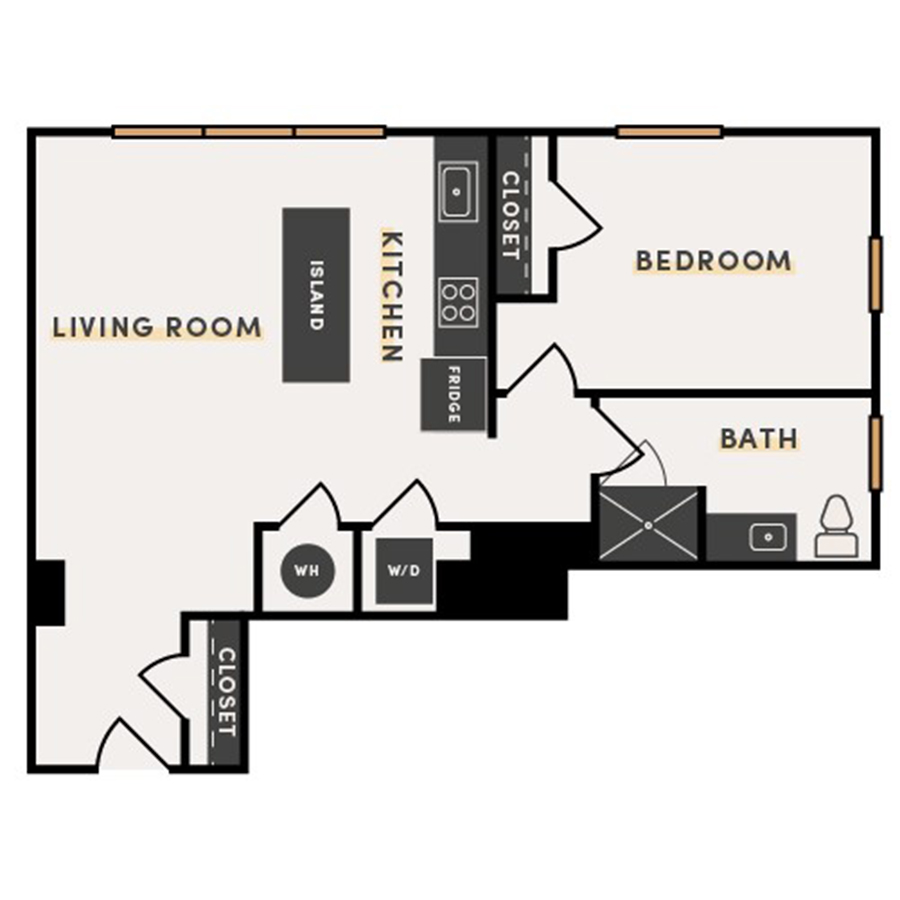 Rendering of the 1 Bed F floor plan with 1 bedroom[s] and 1 bathroom[s] at The Victor