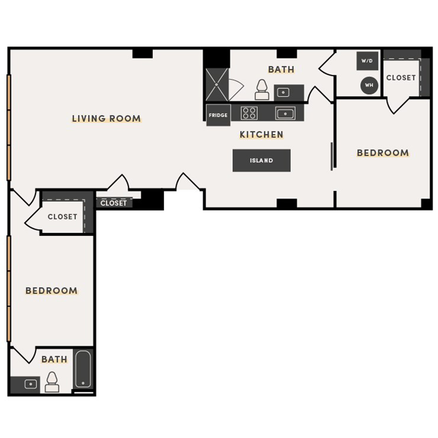 Rendering of the 2 Bed E floor plan with 2 bedroom[s] and 2 bathroom[s] at The Victor