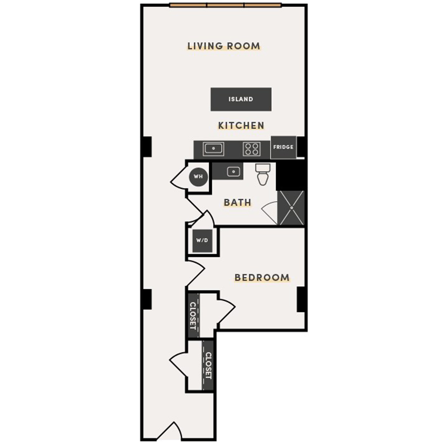 Rendering of the 1 Bed H floor plan with 1 bedroom[s] and 1 bathroom[s] at The Victor